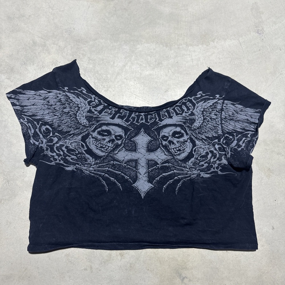 Y2K Affliction Misfits Skull/Dagger Cropped T Shirt Women's SZ L Grunge Goth Emo